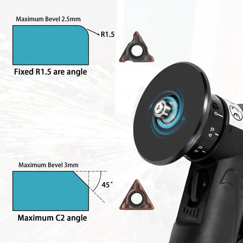 Handheld pneumatic chamfering tool with 1/4 in air inlet, black body and blue rotating head