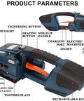 Heavy Duty Cordless Strapping Machine With Rechargeable Battery Powered Hot Melting Tensioner For Bulletproof Packaging And Rapid Shipping Logistics Workhorse With controls and features.