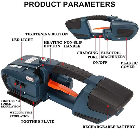 Heavy Duty Cordless Strapping Machine With Rechargeable Battery Powered Hot Melting Tensioner For Bulletproof Packaging And Rapid Shipping Logistics Workhorse With controls and features.