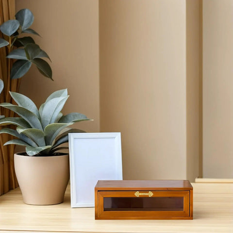 Wooden box with 12 Pack Vintage Gold Cabinet Pulls For Small Drawers And Jewelry Boxes Mini Dope Retro Drawer Handles in home setting.