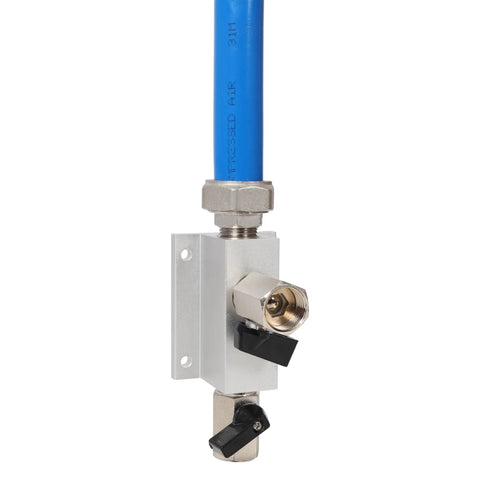Slick Pro Badass 3 4 Inch Pex Al Pex Air Compressor Piping Kit brass valve with blue HDPE tubing for garage setup.