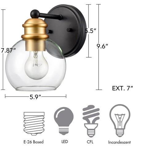 Modern Farmhouse Black And Gold Bathroom Wall Sconces Set Of Two Globe Sconce Lighting With Wrought Iron Frame And Handcrafted Glass Globes