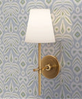 Wall sconce lamp mounted on soft blue and green wallpaper featuring Upgrade Your Interior Game With This Rad Boho Ikat Soft Silver Metallic Wallpaper Featuring A Chic Fibrous Finish That Adds Major Bling To Any Walls Paste The Wall Friendly Eco Safe Class A Fire Rated Wall Covering Crafted In The Usa For Top Tier Style.