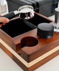 Espresso Knock Box And Tamp Station 4 In 1 Organizer with portafilter and tampers on walnut block for 51-54mm tamper