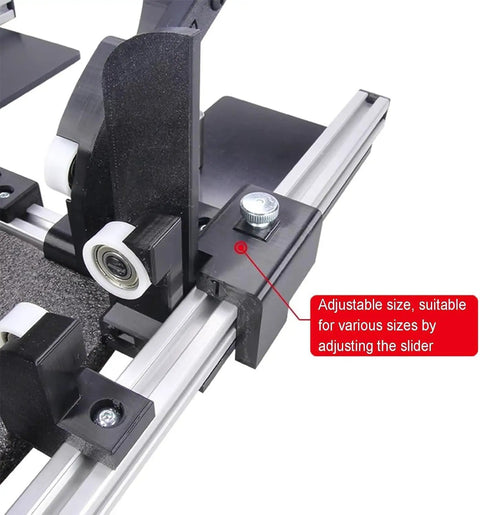Close-up of adjustable clamp on Heavy Duty Manual Box Folding Tool Featuring Adjustable Clamp Slick Aluminum Build Total Game Changer For Quick Shipping Cardboard Packing And Zero Stress Setup.