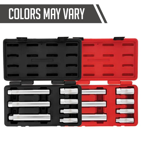Three Eighth Inch Drive Master Spark Plug Socket Set in CR-V Alloy Steel, 7 Piece Kit with Extra Deep Sockets in cases.