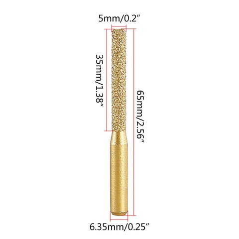 Golden Brazed Metal Router Bit For Marble Stone Grinders, 5mm diameter, 65mm long, designed for trimming stone surfaces.