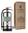 Class K Fire Extinguisher Solid As A Rock For Commercial Kitchen And Restaurant Safety next to its box, polished stainless steel finish.