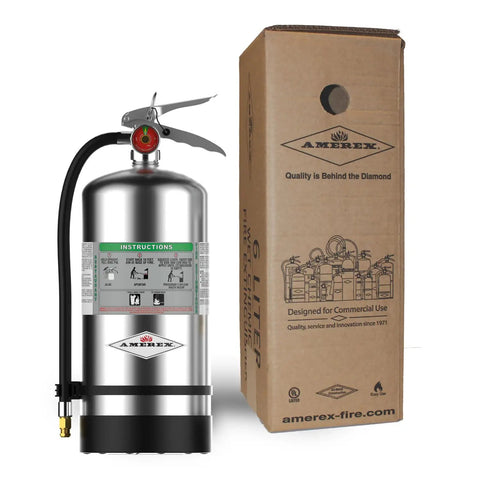 Class K Fire Extinguisher Solid As A Rock For Commercial Kitchen And Restaurant Safety next to its box, polished stainless steel finish.