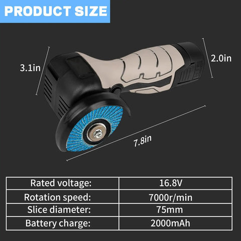 Cordless Brushless Angle Grinder Kit with size dimensions and technical specs displayed.