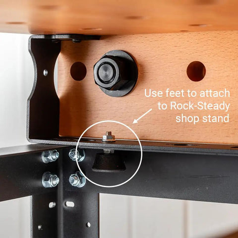 Close-up of Handy Bench Portable Woodworking Workbench With Moxon Vise attachment point, showing steel bracket and bolt details.