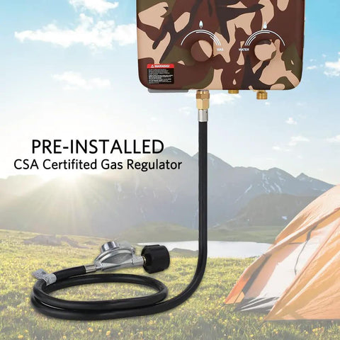 5L Portable Propane Tankless Water Heater for Outdoor Living with camouflage finish, pre-installed gas regulator, camping scene