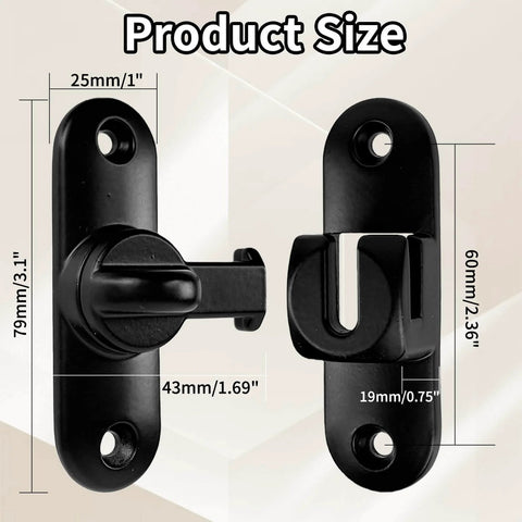 90/180 Degree Barn Door Lock With Flip Latches, black zinc alloy with dimensions, front view