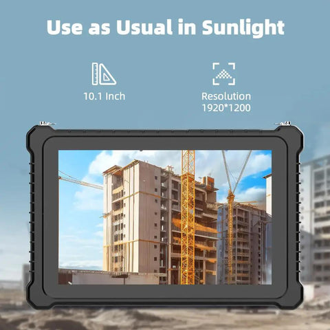 Straight Up Badass 10.1 Inch IP67 Rugged Industrial Tablet PC Running Windows 11 viewing a construction site in bright sunlight.