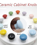 Top Shelf 10 Pack Ceramic Cabinet Knobs And Drawer Pulls In Sweet Sky Blue Featuring Hella Durable 32mm Round Design With Complete Mounting Hardware For A Fresh Kitchen Bedroom Makeover. Sky blue ceramic knob highlighted.