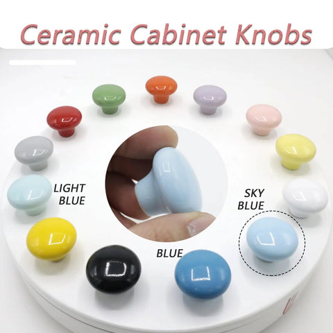 Top Shelf 10 Pack Ceramic Cabinet Knobs And Drawer Pulls In Sweet Sky Blue Featuring Hella Durable 32mm Round Design With Complete Mounting Hardware For A Fresh Kitchen Bedroom Makeover. Sky blue ceramic knob highlighted.