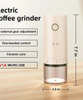 Portable Electric Burr Coffee Grinder With 38 Adjustable Grind Settings For Espresso French Press, 7.7 in tall, ceramic core.
