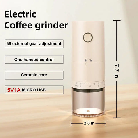 Portable Electric Burr Coffee Grinder With 38 Adjustable Grind Settings For Espresso French Press, 7.7 in tall, ceramic core.