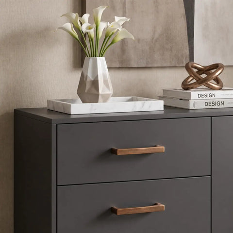 Badass Heavy Duty Two Pack Antique Brass Cabinet Pulls With 3 Inch Spacing on dark drawer unit with vase and decor.