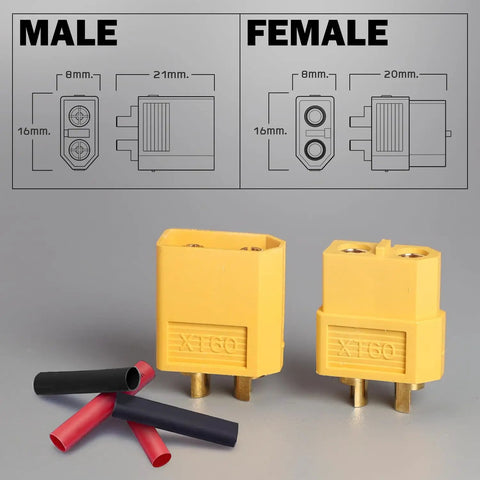 XT60 Connector Set With Heat Shrink Tubing, 5 Pairs, Ten Connectors, Gold Plated, High Temp Nylon Housing, Male And Female