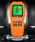 7 in 1 Smart Stud Finder Wall Scanner with LCD Display in bright orange, showing detailed readings on screen.