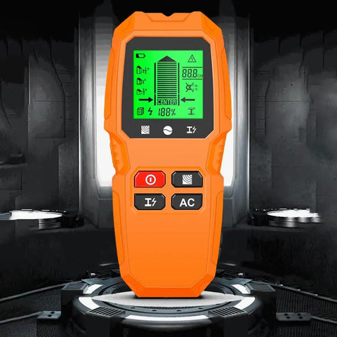 7 in 1 Smart Stud Finder Wall Scanner with LCD Display in bright orange, showing detailed readings on screen.