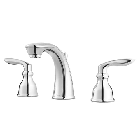 Avalon Two Handle 8 Inch Widespread Bathroom Faucet in polished chrome, deck mount, includes valve and cartridge, all metal pop up drain