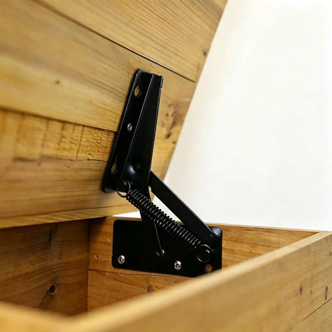 Heavy Lifter 90 Degree Bench Seat Hinge Pair Built Straight Up Tough For Toy Box Lid Support and Cabinet Doors Featuring Smooth Foldable Lifting Bracket Crafted From Cold Rolled Steel In Glossy Black mounted on wooden box.