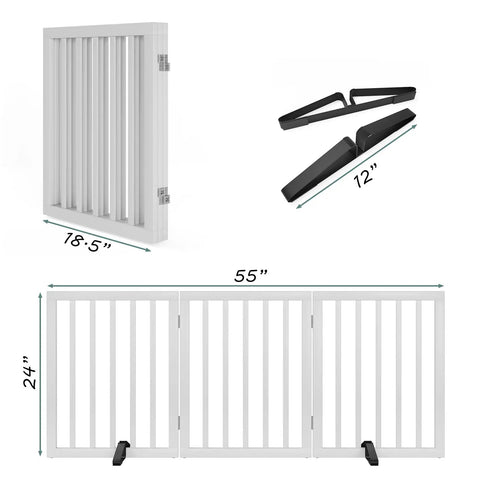 Freestanding Wooden Dog Gate With 3 Panels, 24 Inch Tall, Foldable White Pet Gate For Doorways And Stairs, Includes 2 Support Feet