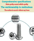 Front view of Stainless Steel 304 Button Head Hex Socket Bolts Fully Threaded Screws Quarter Inch Diameter Twenty Threads Per Inch By Five Eighth Inch Length Bright Silver Pack Of Twenty Rust Proof For Furniture Assembly DIY Projects And Machinery Repair showcasing detailed thread.