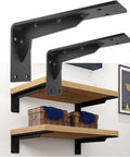 Badass Black Industrial Floating Shelf Brackets Two Pack on a wooden shelf, supporting storage baskets, thick steel material.