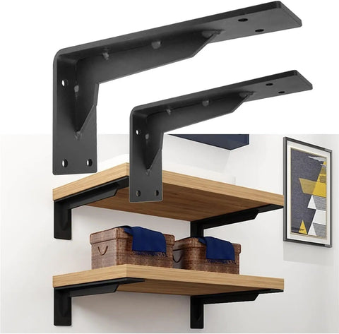 Badass Black Industrial Floating Shelf Brackets Two Pack on a wooden shelf, supporting storage baskets, thick steel material.