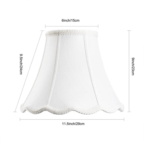 White Bell Scalloped Table Lamp Shade With Brass Harp Set, 6 Inch Top Diameter, 11.5 Inch Bottom Diameter, 9 Inch Height, Double Layer Polyester Fabric, Solid Replacement Cover For Bedside Desk End Lamps, No Assembly Required