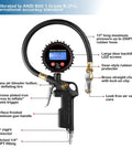 Digital Tire Inflator Gauge With LED Display, 250 PSI, Four Units, Straight Brass Lock On Chuck, 13 Inch Rubber Hose, Deflator Function, One Quarter Inch NPT Fittings, Works With Air Pumps For Truck, Bus, RV, Car, Motorcycle, And Bike