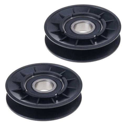 Slick V Idler Pulley Kits That Fix Your John Deere Grass Mower Badly Worn Flat Spools For Models Like LA115 LA135 LA165 And D110 Heavy Duty Gear, two black pulleys