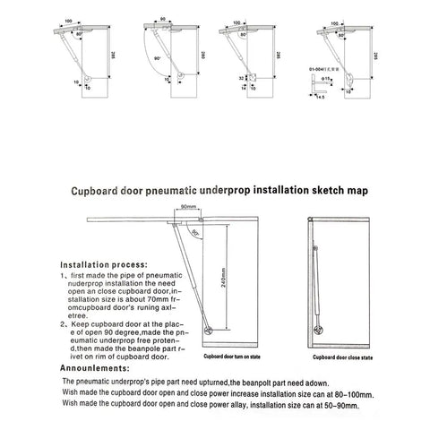Four Pack 100N Gas Struts For Cabinet Doors Pneumatic Lift Hydraulic Spring Door Stays 10.6 Inch Extended 7 Inch Compressed 9.65 Inch Ball Socket Span Rust Resistant Copper Core Easy Install Door Support installation diagram