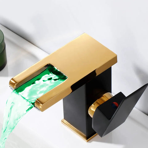 Lit Waterfall Style LED Bathroom Faucet in Black and Gold, 3 Color Changing Spout, Single Handle Lavatory Sink Faucet close-up view