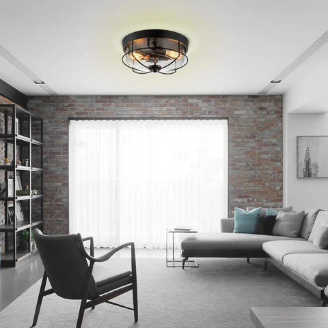 Room with Industrial Black 13 Inch Flush Mount Ceiling Light With Seeded Glass Shade And Metal Cage For Kitchen Dining Room Foyer And Hallway Dope Vintage Farmhouse Vibe Ceiling Fixture.