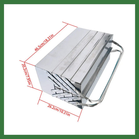 Super Heavy Duty Seven Tray Tool Chest Crafted From Solid Stainless Steel with dimensions 46.5cm x 26.2cm x 20.2cm and dual grips.