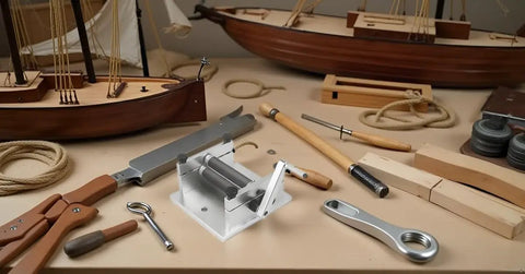 Wood Plank Bending Tool For Ship Models with toolbox, surrounded by model ship tools and wooden planks on a workbench.