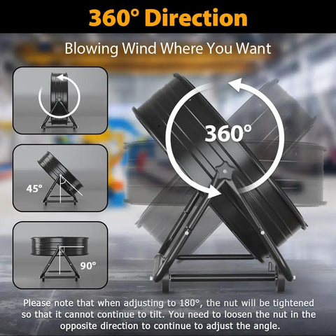 360 degree tilt feature of 24 Inch Industrial Drum Fan With 8900 CFM High Velocity Air Circulator, Heavy Duty Metal Floor Fan