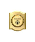 Camelot Trim Deadbolt With Keyed Entry, exterior grade bright brass security lockset front view