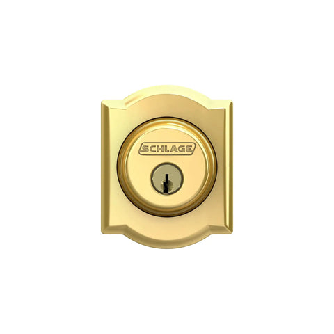 Camelot Trim Deadbolt With Keyed Entry, exterior grade bright brass security lockset front view