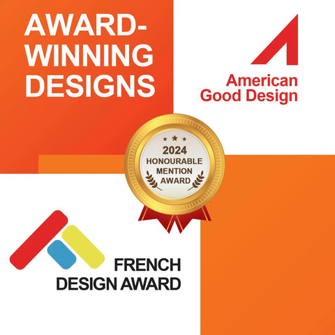 Award-winning designs with logos for American Good Design and French Design Award, plus 2024 Honourable Mention Award medal.