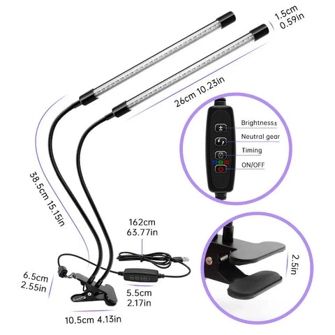 Diagram of Dual Head UV Light With USB Power, 395nm To 405nm Dimmable Black Light Lamp, Clip On 20W Glow In The Dark with dimensions.