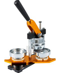 Close-up of 75 Mm Button Maker Kit Punch Press For DIY Badges And Crafts, showing metal molds and handle.