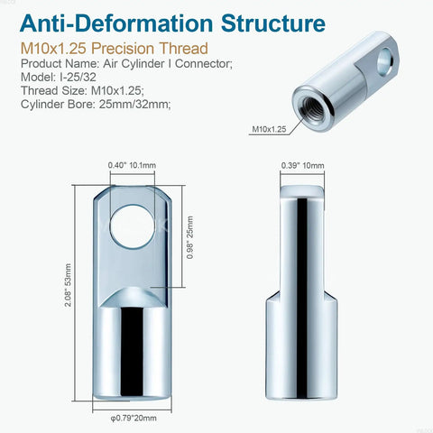 Two Piece Clevis Connector For Air Cylinder I Shape, Female Thread M10x1.25, Bore 25/32 Inch, Overall Length 2.05 Inches, Built Tough Alloy Joint, Heavy Duty Air Cylinder Fittings, Corrosion Resistant And Easy Fit, silver threaded end view