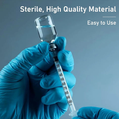 Top Notch 1cc Syringe With Needle 31G 1/4 Inch 6mm Sterile Pack Of 100 For Precise Dosing, Smooth Electro Polished Needle, Easy To Use, Medical Grade, Eco Friendly And Safe, 1ml syringe held in gloved hands