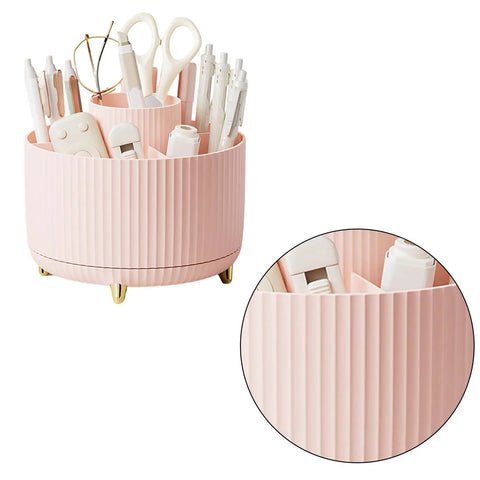 Rotating Six Compartment Desk Organizer For Makeup, Brushes, Skincare, Art Supplies And More, Perfect For Bathroom, Dresser, Countertop Or Kitchen Counter, Keeps Cosmetics, Brushes, Pencils And Markers Neat. Pink plastic organizer with 6 compartments and gold feet.