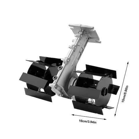 Weed Removal Hand Tool With Tiller Cultivator Wheel Rotary Grass Cutter Attachment in metal, size 10cm x 15cm, side view